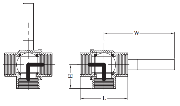 Appflo Brass 3-way Ball Valve L-port Lever Operated Female BSP - Drawing
