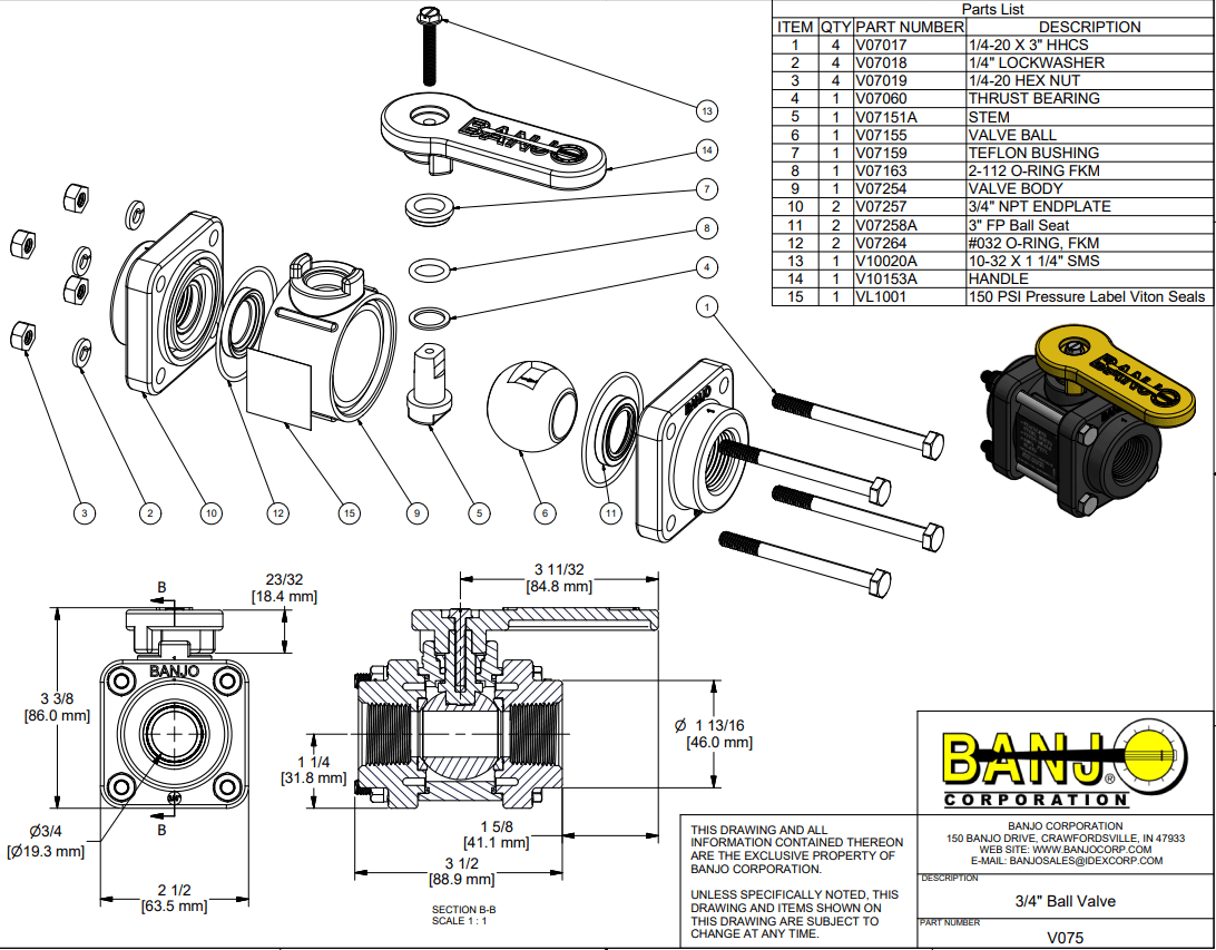 Banjo Poly 3-piece Body with Viton Seal Ball Valve - Drawing
