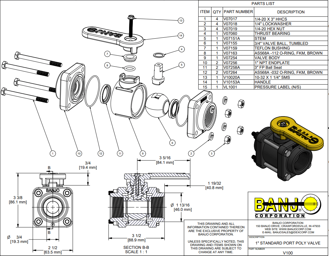 Banjo Poly 3-piece Body with Viton Seal Ball Valve - Drawing