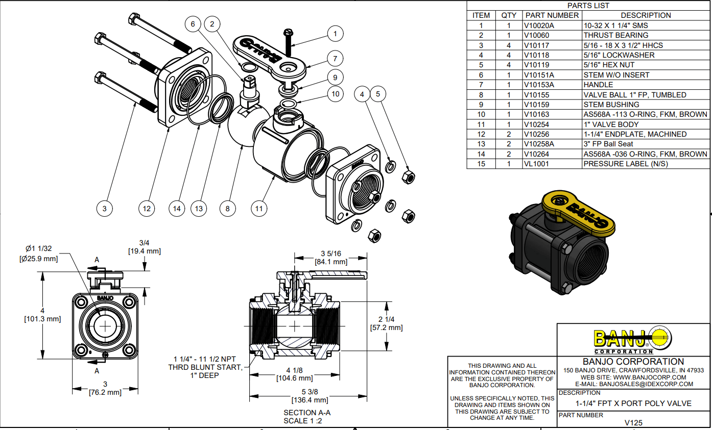 Banjo Poly 3-piece Body with Viton Seal Ball Valve - Drawing
