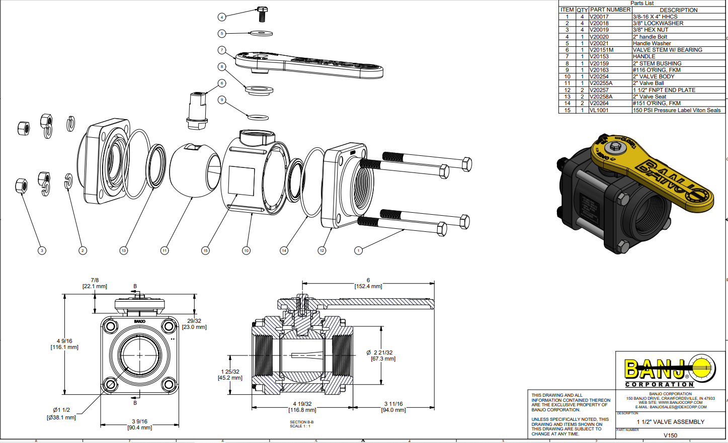 Banjo Poly 3-piece Body with Viton Seal Ball Valve - Drawing