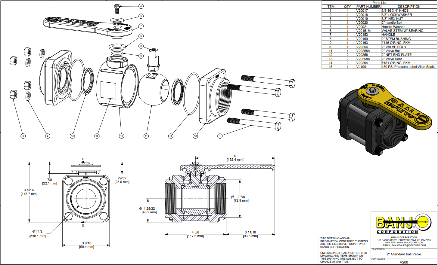 Banjo Poly 3-piece Body with Viton Seal Ball Valve - Drawing