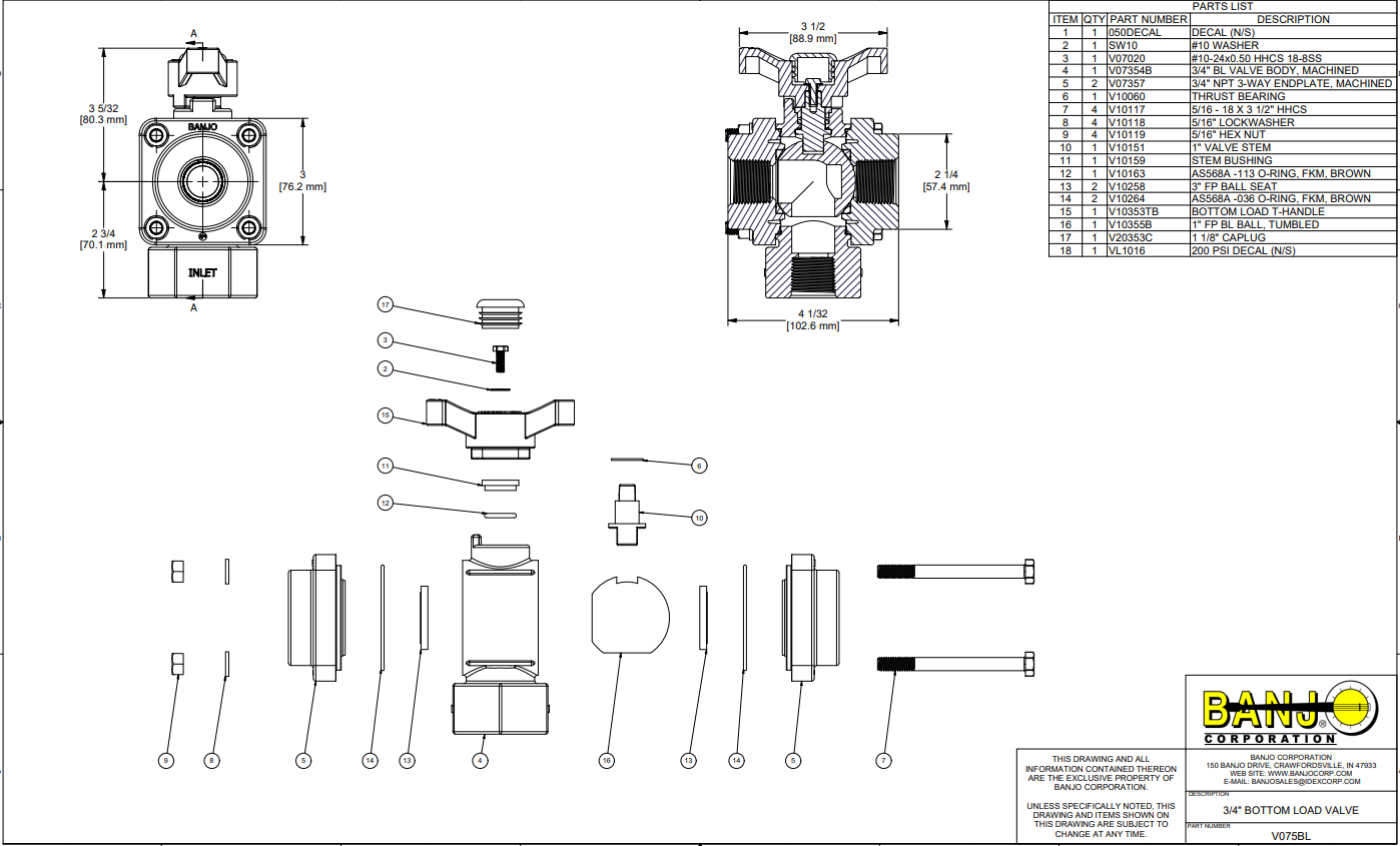 Banjo Poly 3-way Bottom Load Viton Seal Ball Valve - Drawing - 20mm