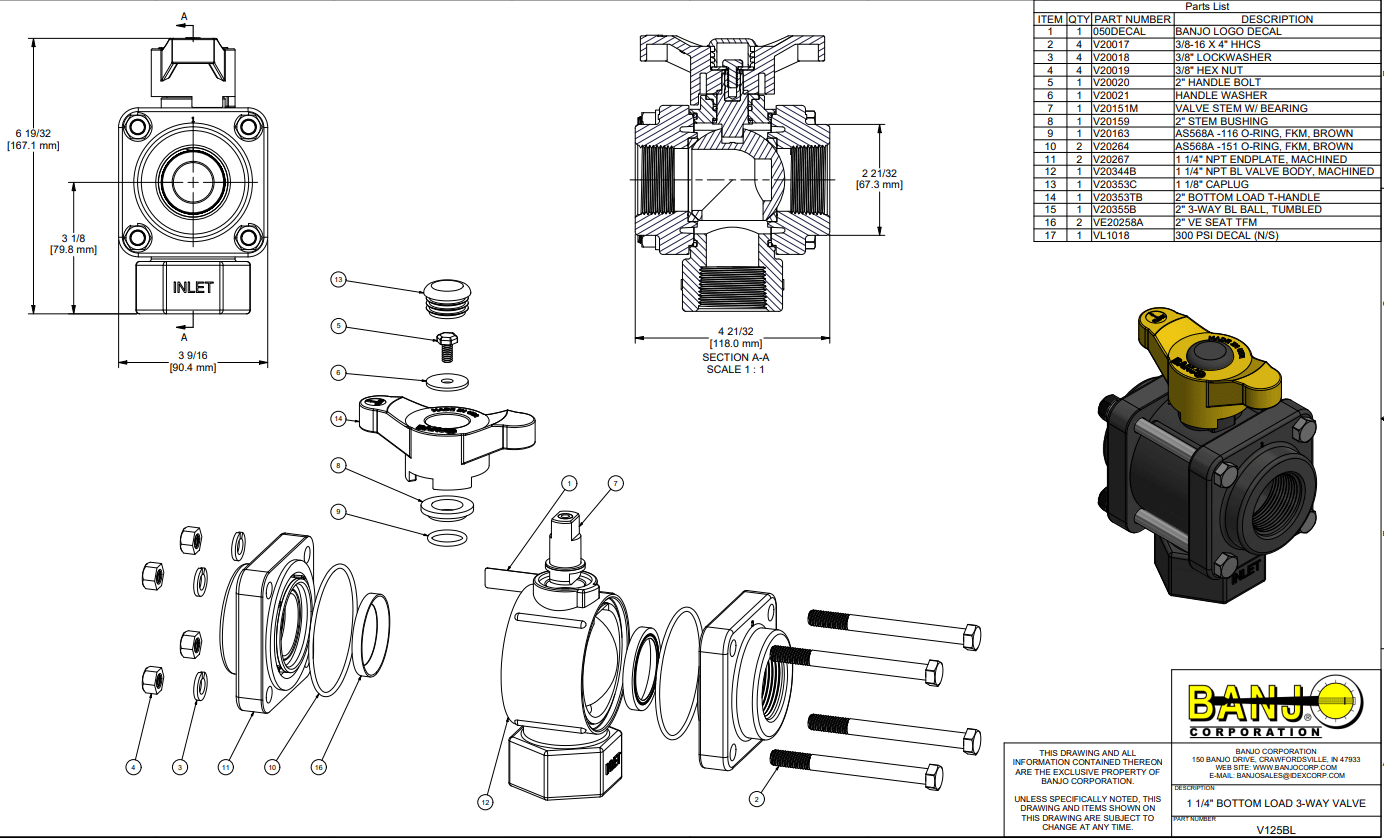 Banjo Poly 3-way Bottom Load Viton Seal Ball Valve - Drawing - 32mm