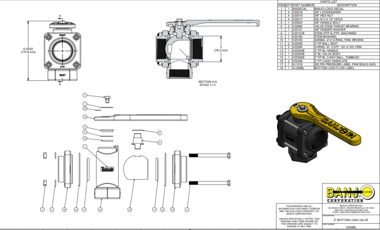 Banjo Poly 3-way Bottom Load Viton Seal Ball Valve - Drawing - 50mm