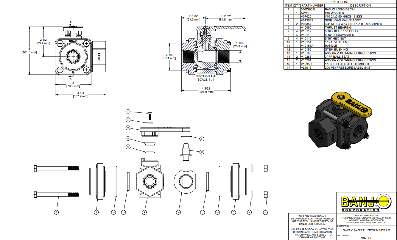 Banjo Poly 3-way Side Load Viton Seal Ball Valve General Purpose - Drawing - 20mm