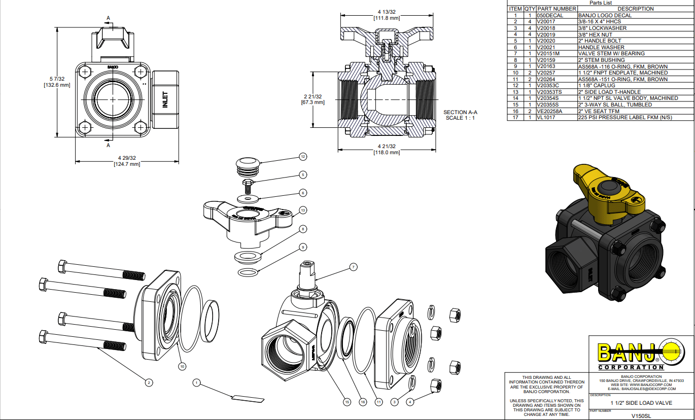 Banjo Poly 3-way Side Load Viton Seal Ball Valve General Purpose - Drawing - 40mm
