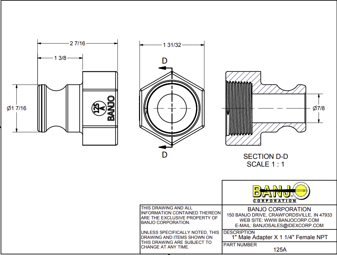 Banjo Poly Camlock Fitting Type A Male Adaptor x Female BSP - Drawing