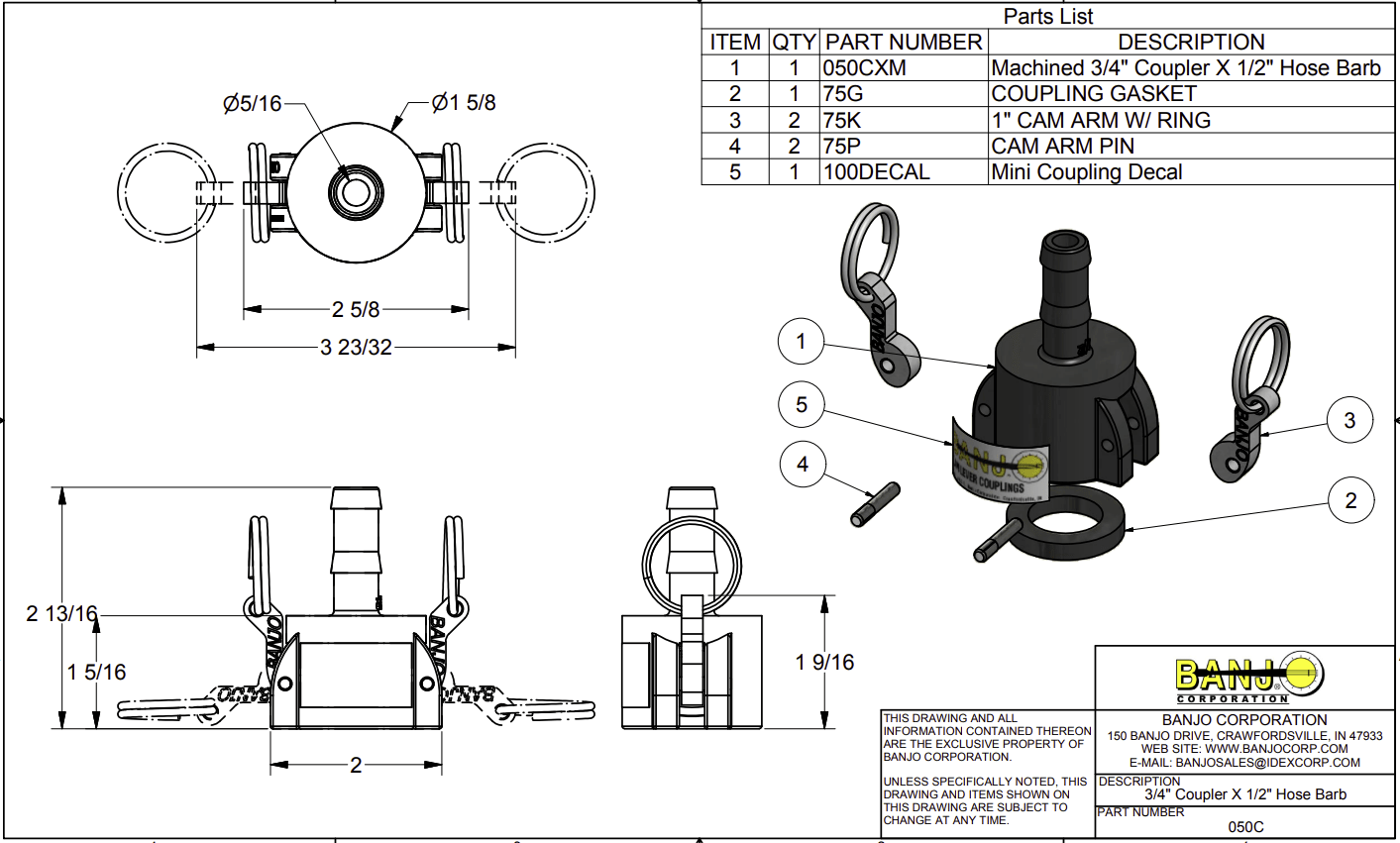 Banjo Poly Camlock Fitting Type C Female Coupling x Hose Barb - Drawing
