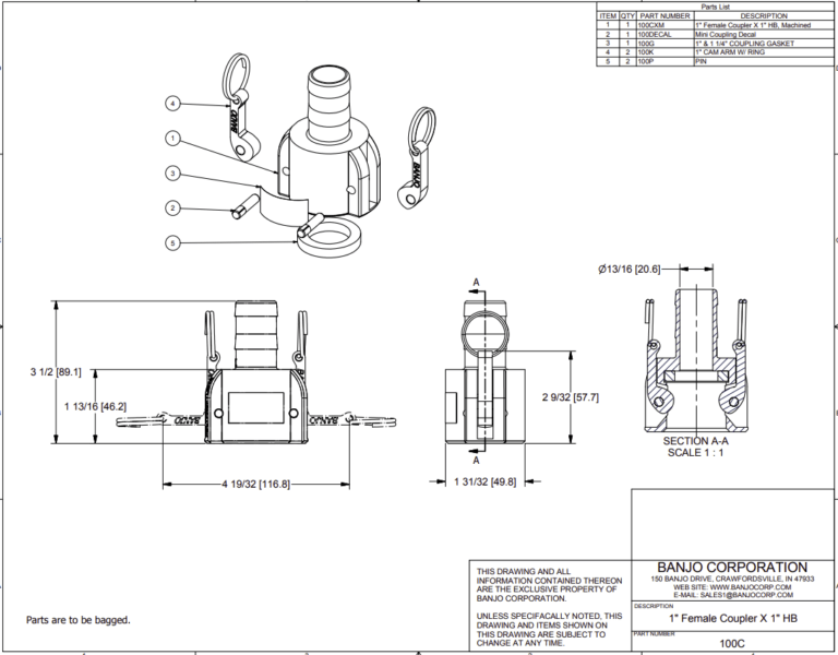 Banjo Poly Camlock Fitting Type C Female Coupling x Hose Barb - Drawing
