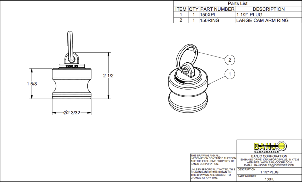 Banjo Poly Camlock Fitting Type DP Dust Plug - Drawing
