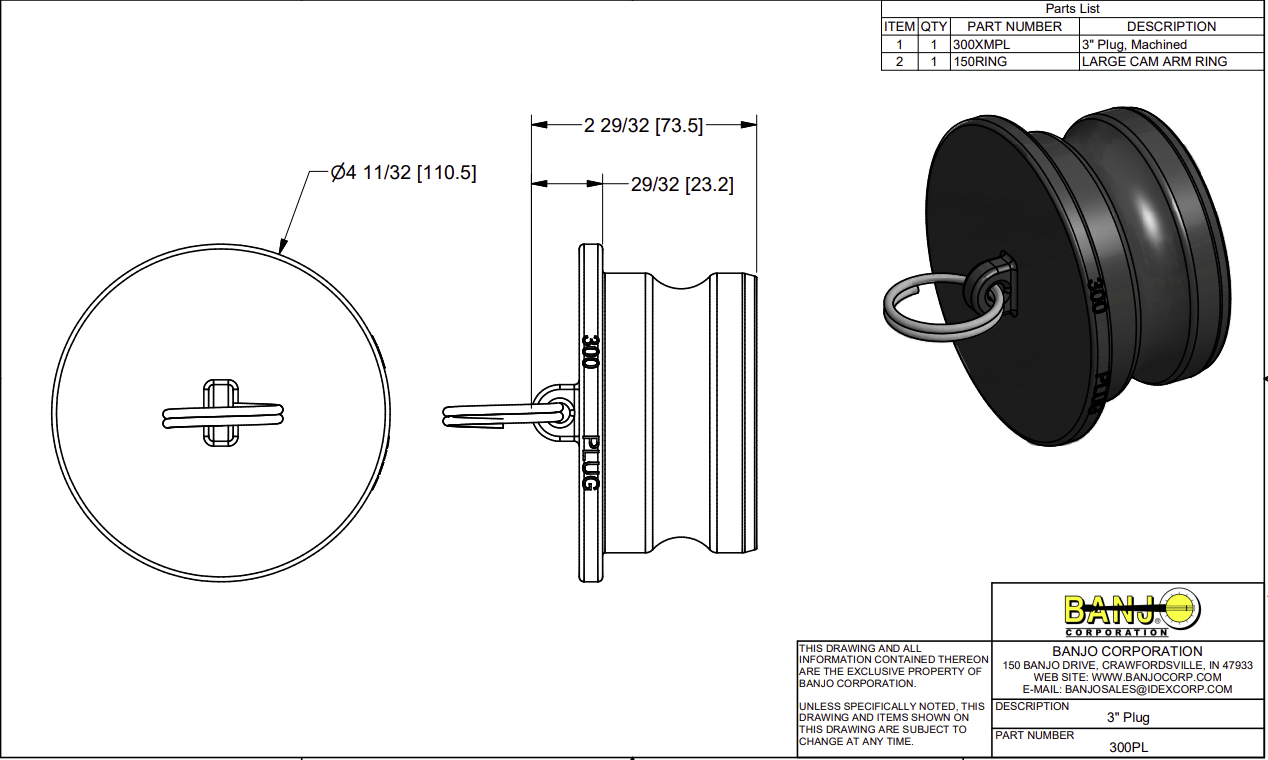 Banjo Poly Camlock Fitting Type DP Dust Plug - Drawing