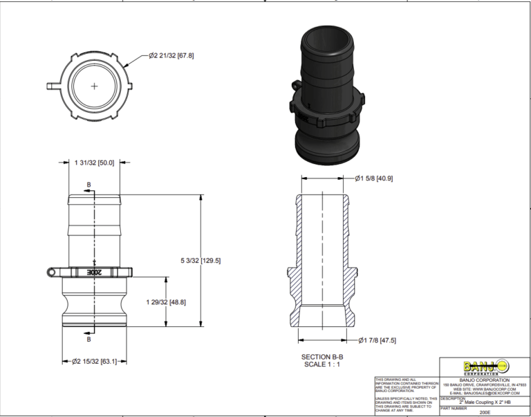 Banjo Poly Camlock Fitting Type E Male Adaptor x Hose Barb - Drawing