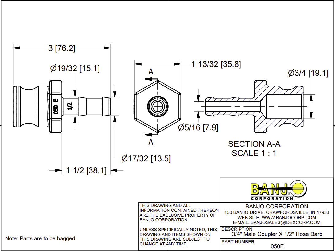 Banjo Poly Camlock Fitting Type E Male Adaptor x Hose Barb - Drawing