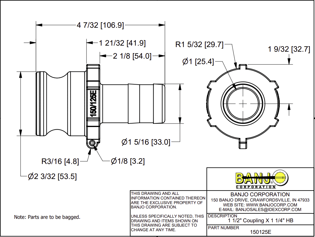 Banjo Poly Camlock Fitting Type E Male Adaptor x Hose Barb - Drawing