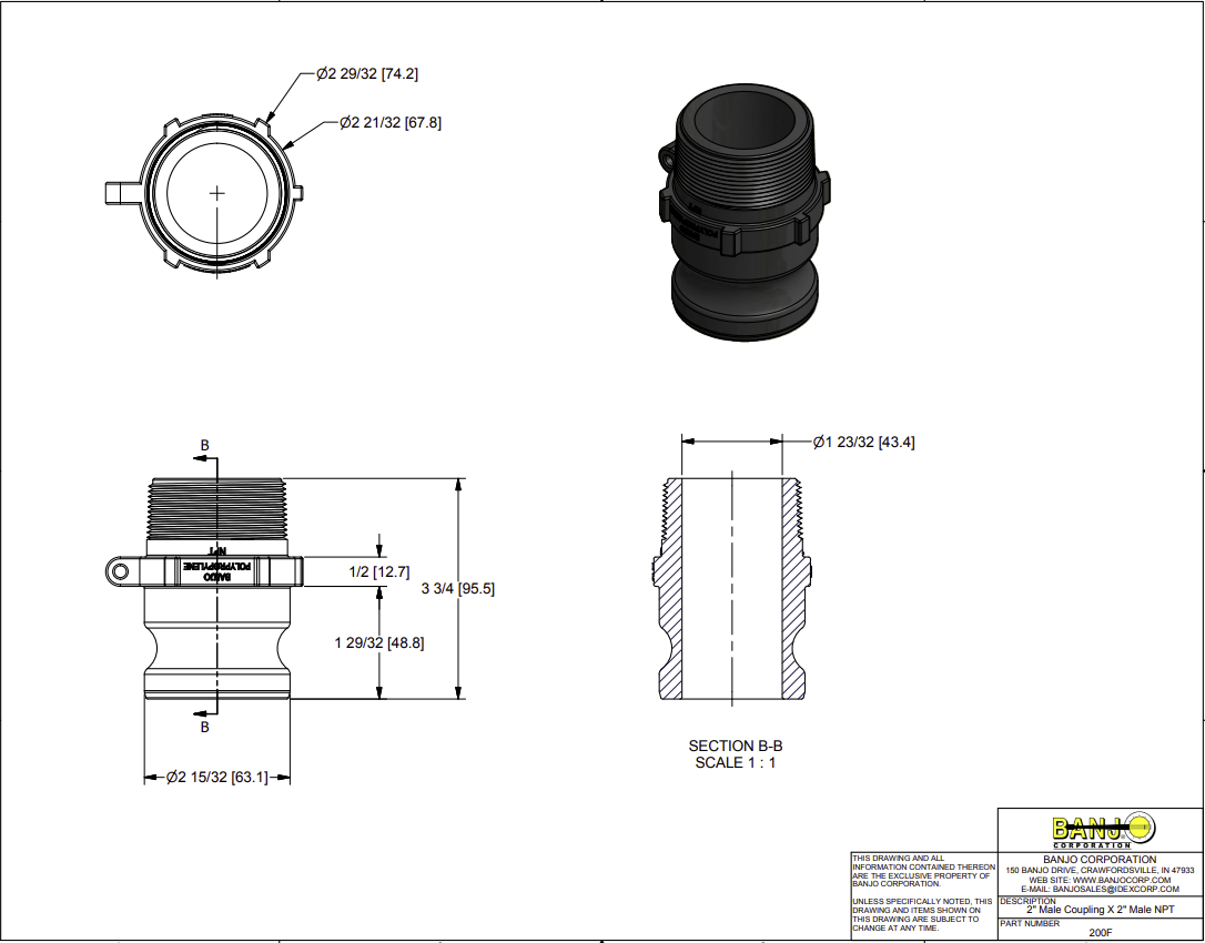 Banjo Poly Camlock Fitting Type F Male Adaptor x Male BSP - Drawing