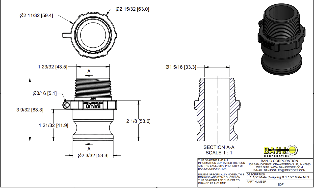 Banjo Poly Camlock Fitting Type F Male Adaptor x Male BSP - Drawing