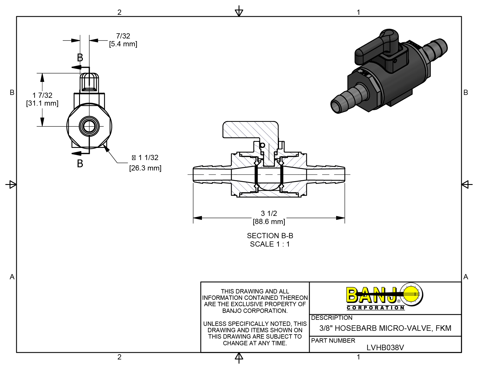 Banjo Poly Micro Ball Valve Hose Barb Joiner General Purpose - Drawing