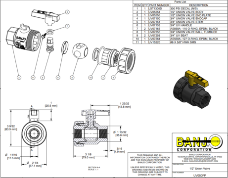 Banjo Poly Single Union Natural Seal Ball Valve General Purpose - Drawing