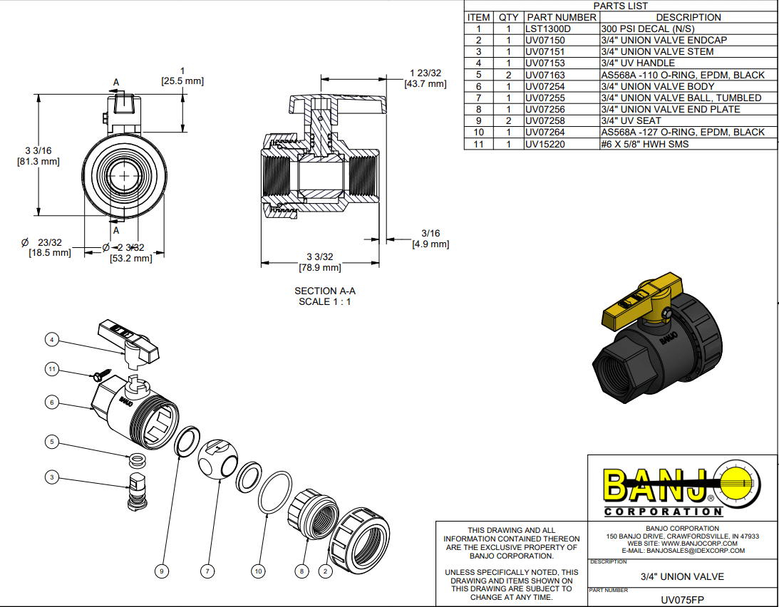 Banjo Poly Single Union Natural Seal Ball Valve General Purpose - Drawing