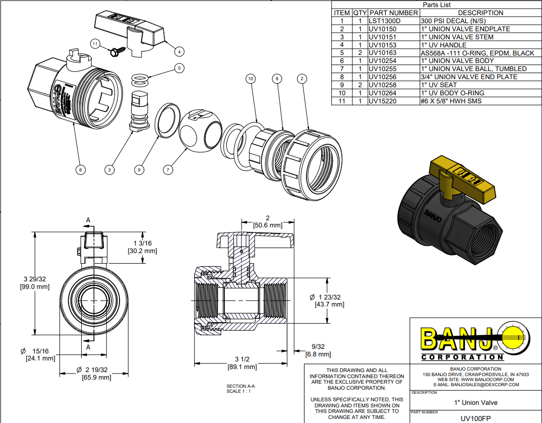 Banjo Poly Single Union Natural Seal Ball Valve General Purpose - Drawing