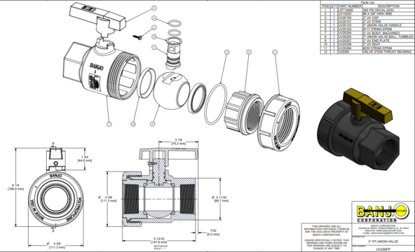 Banjo Poly Single Union Natural Seal Ball Valve General Purpose - Drawing