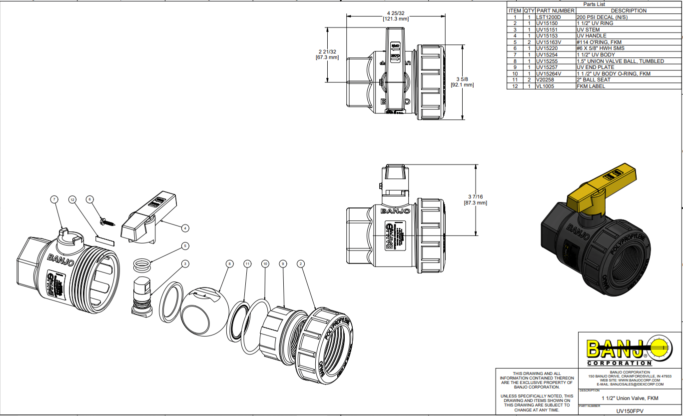 Banjo Poly Single Union Viton Seal Ball Valve General Purpose - Drawing