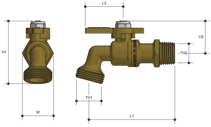 Brass Bibcock Quarter Turn Tap T-handle Male BSP Thread - Drawing