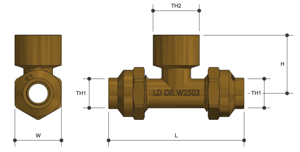 Brass Flare Compression Tee Double Union Female BSP x Copper - Drawing