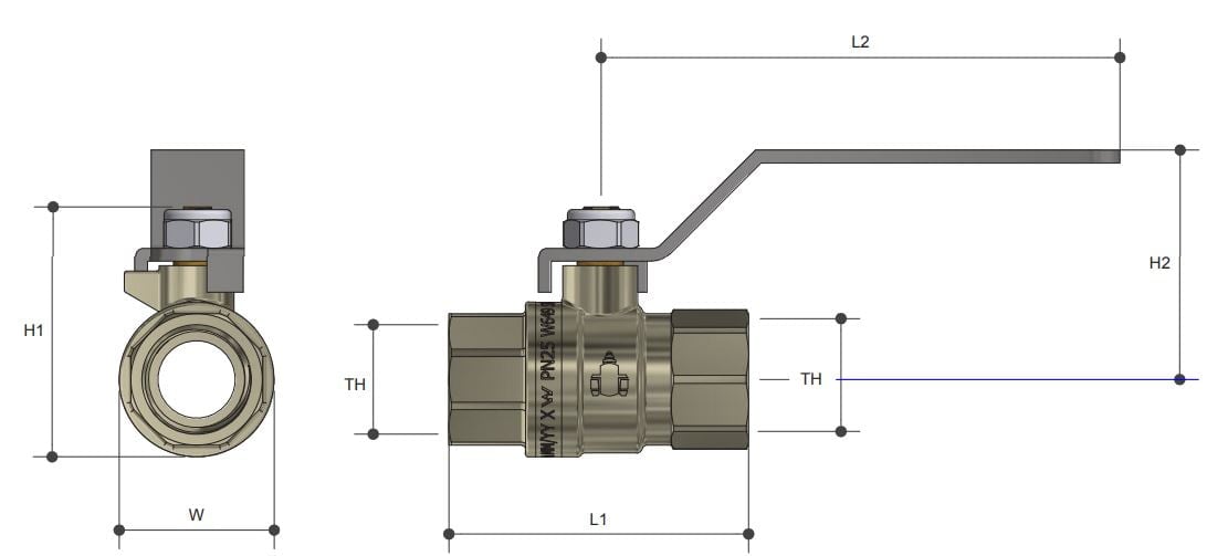Brass Lever Operated Ball Valve Female BSP Full Bore Tested - Drawing
