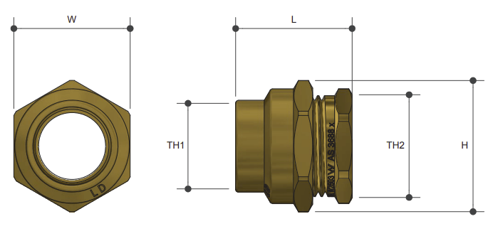 Brass Pipe Fitting Flare Compression Union Copper - Drawing