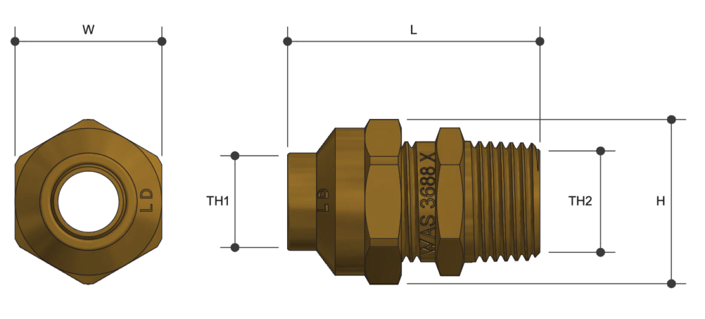 Brass Pipe Fitting Flare Compression Union Male BSP x Copper - Drawing