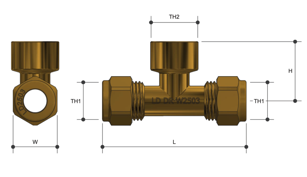 Brass Pipe Fitting Olive Copper Compression Tee Double Union - Drawing