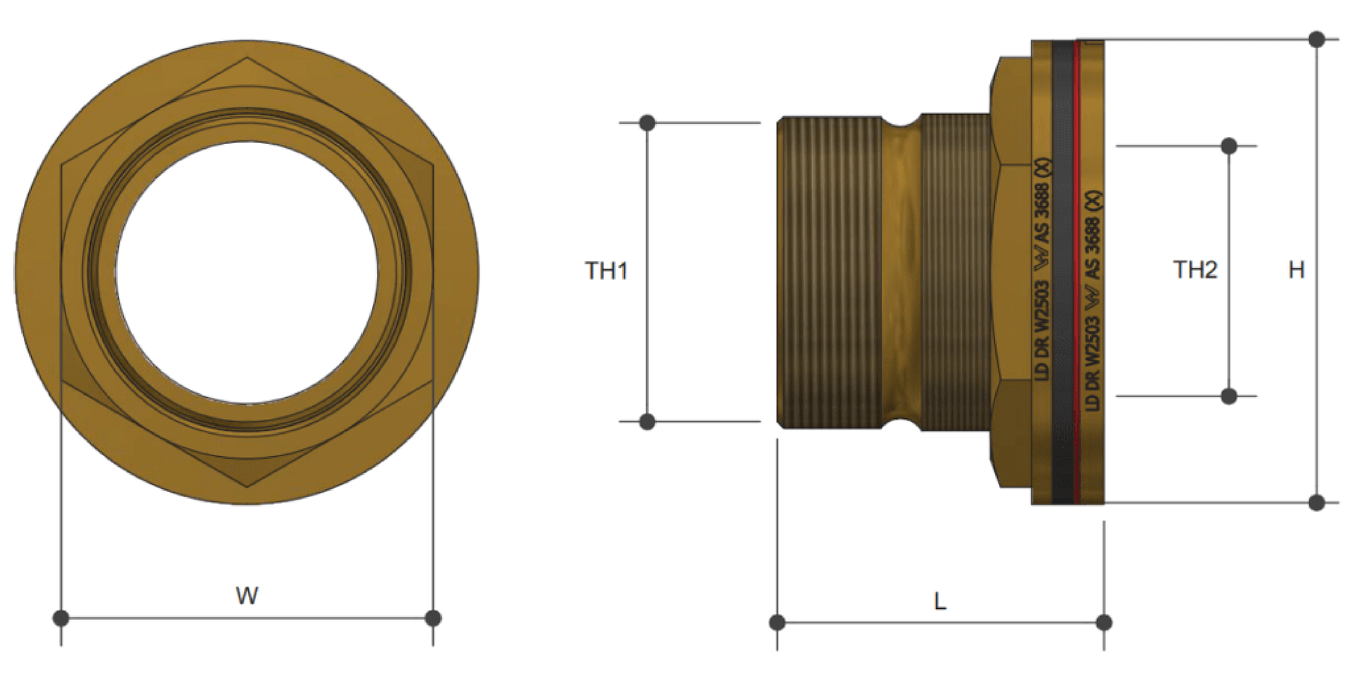 Brass Pipe Fitting Tank Outlet BSP Thread Watermark - Drawing