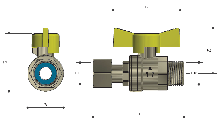 Brass Swivel Nut Ball Valve Male x Female BSP Lead Free Gas Approved - Drawing