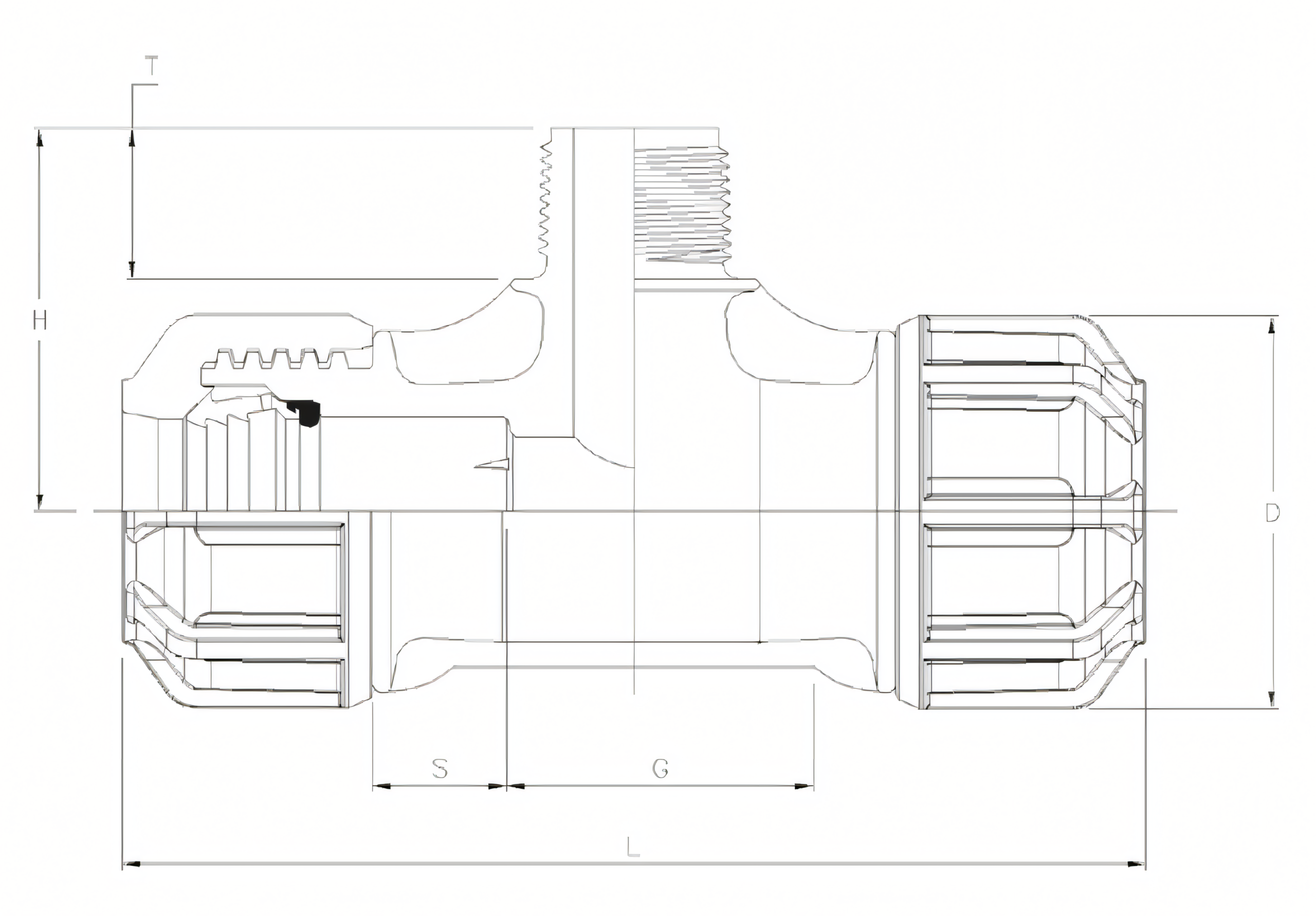 Philmac Poly 3G Metric Tee Poly x Poly x Male Pipe Fitting - Drawing