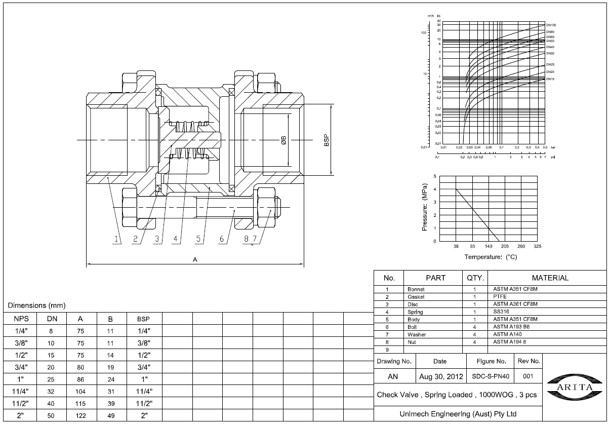 Stainless Steel 316 Check Valve 3-piece Spring Female BSP - Drawing