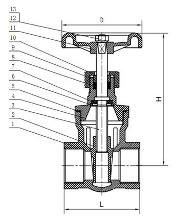 Stainless Steel 316 Gate Valve Female BSP Thread - Drawing