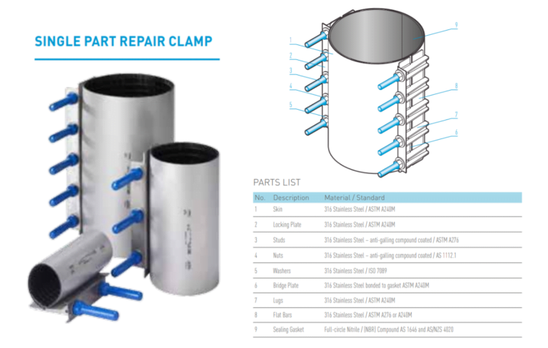Wang Stainless Steel 316 Repair Clamp for PVC Pressure Pipe - Drawing